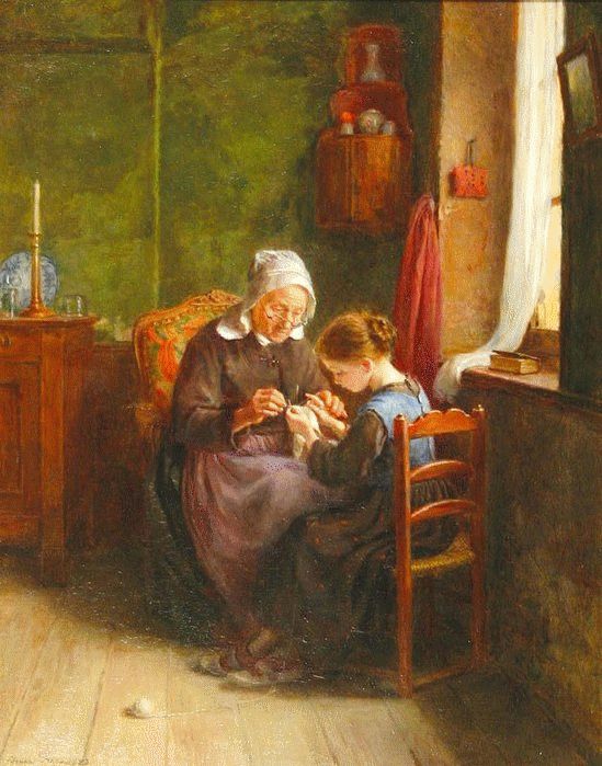 Pintura: una anciana y una niña sentadas juntas junto a la ventana, cosiendo en silencio
